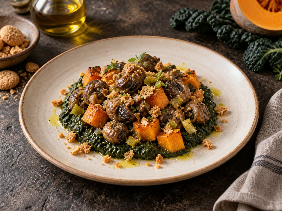 Lumache con Cavolo Nero, Amaretto e Zucca Fondente